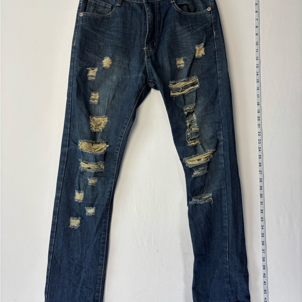 Streetwear thashed M.Society Men Size 32x32 Slim Straight Fit, Dark Blue Denim